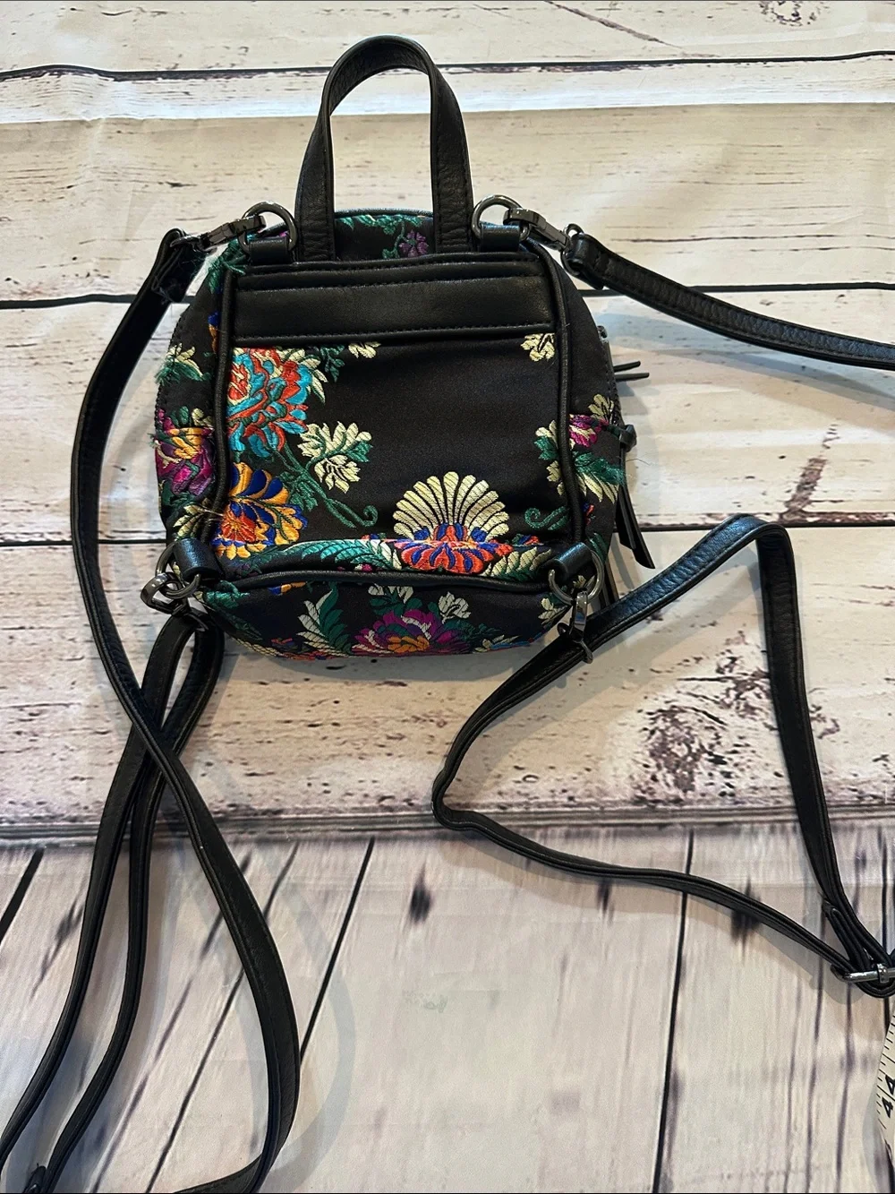 Free People Black Mini Backpack with Multicolor Embroidered Floral